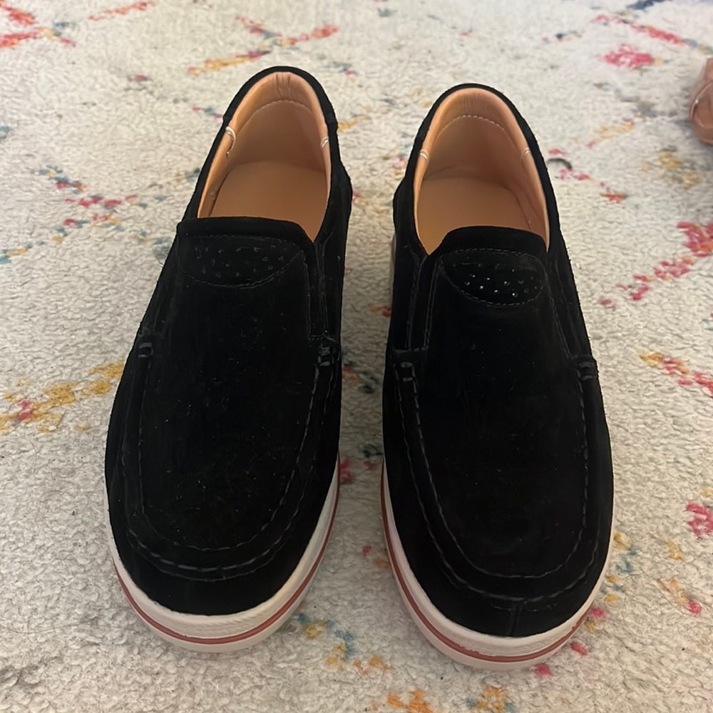 super comfy wedged black suede loafers